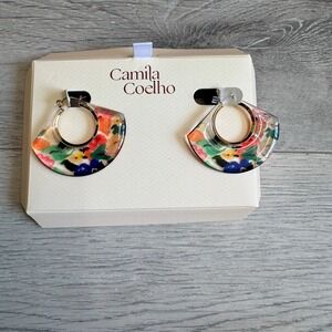 Camila Coelho Floral Acrylic Fan Hoop Earrings Multi Color Gold Tone Statement